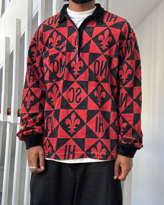 90s Velour Fleur de Lis / Medieval Pattern Velour Button Up Collared / Rugby Jumper (~L~ )